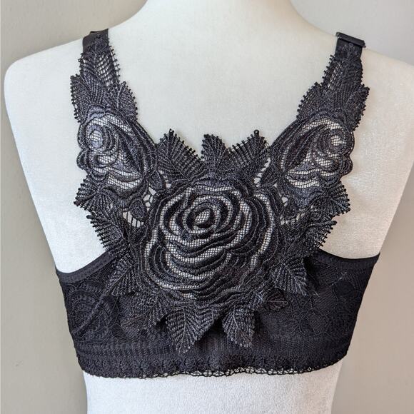 Black Lace Plunge Wireless Bra Rose Gold Clasp Adjustable Straps Band Size 36 - Picture 5 of 9